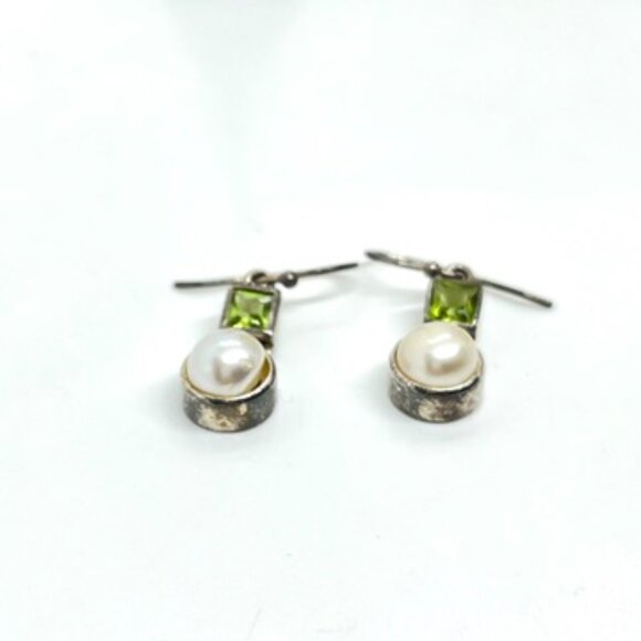 VINTAGE STERLING 925 PEARL GREEN STONES EARRINGS SIGNED NF THAILAND MODERNIST - Picture 8 of 12